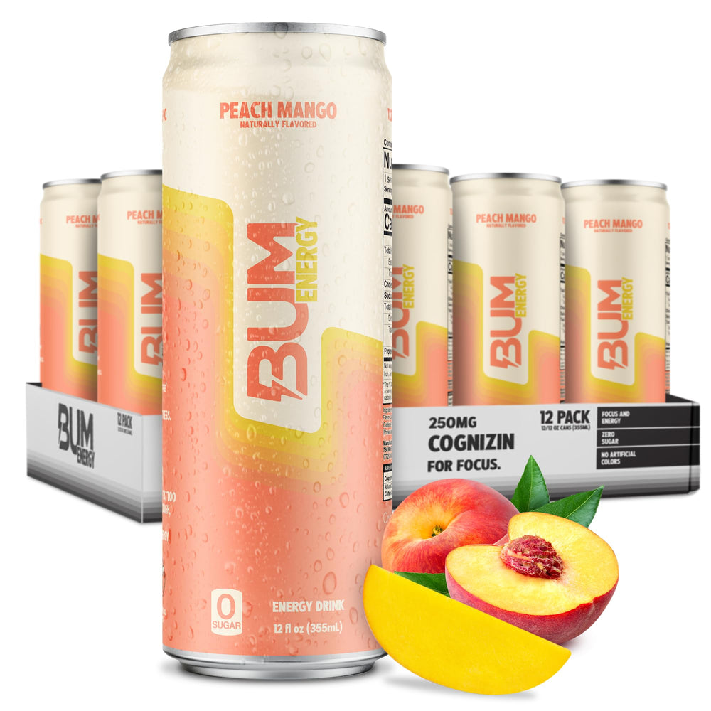 BUM Energy Peach Mango can front view, sugar-free flavor for energizing days