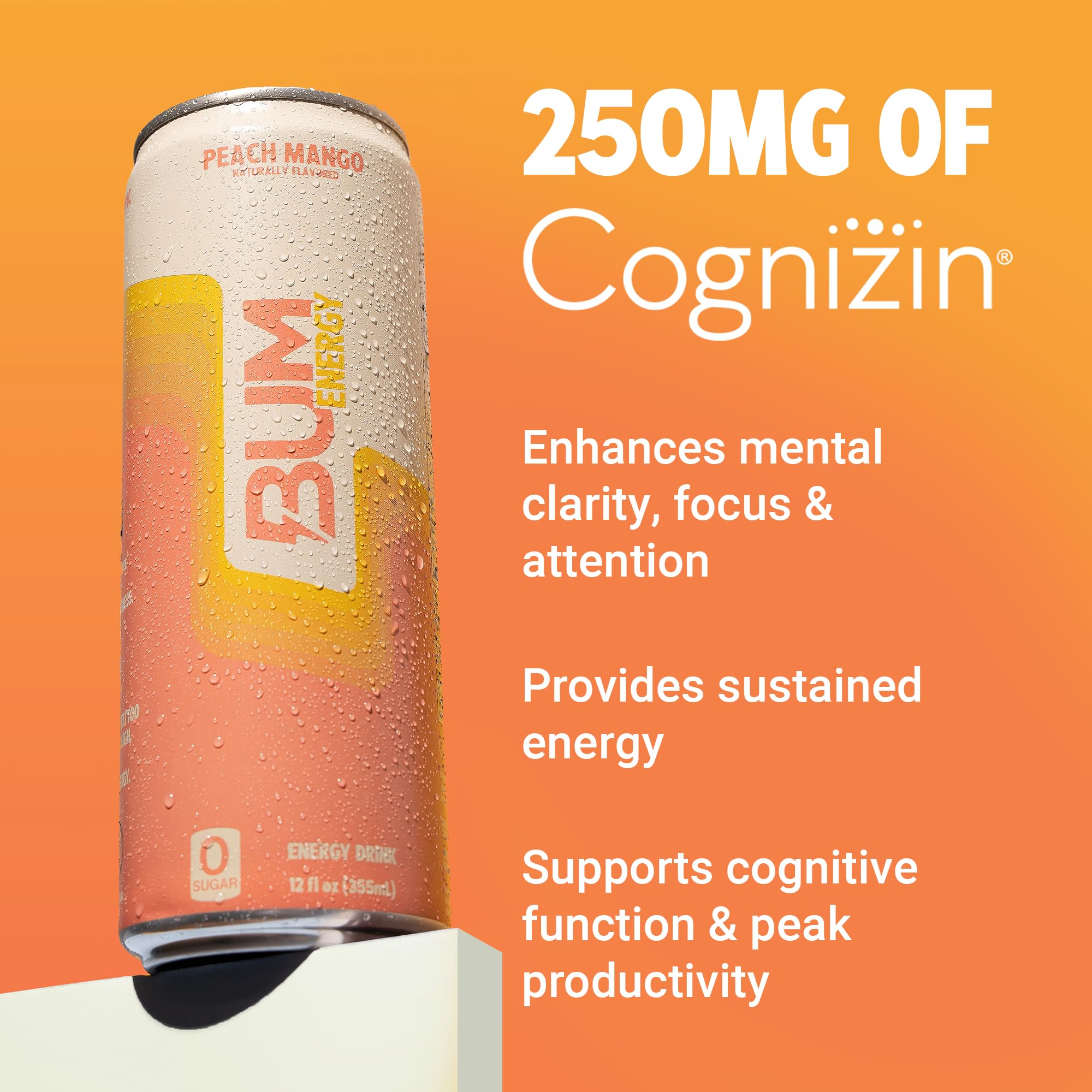 BUM Energy Peach Mango fizz closeup, lightly carbonated flavor note