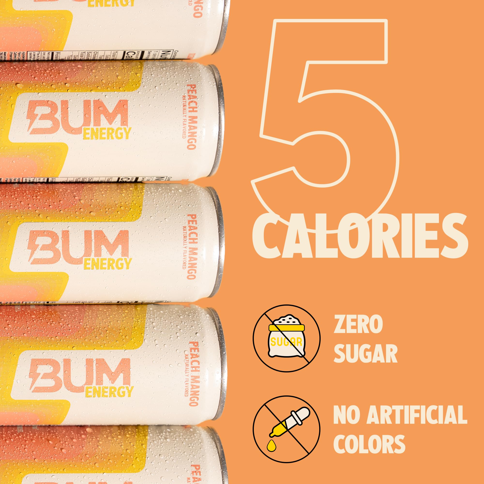 BUM Energy Peach Mango glass with ice, refreshing anytime