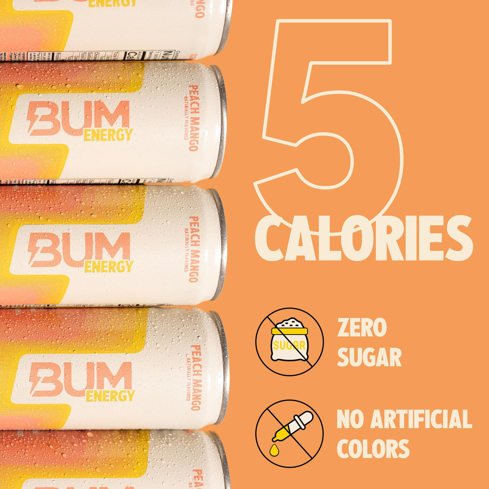 BUM Energy Peach Mango glass with ice, refreshing anytime
