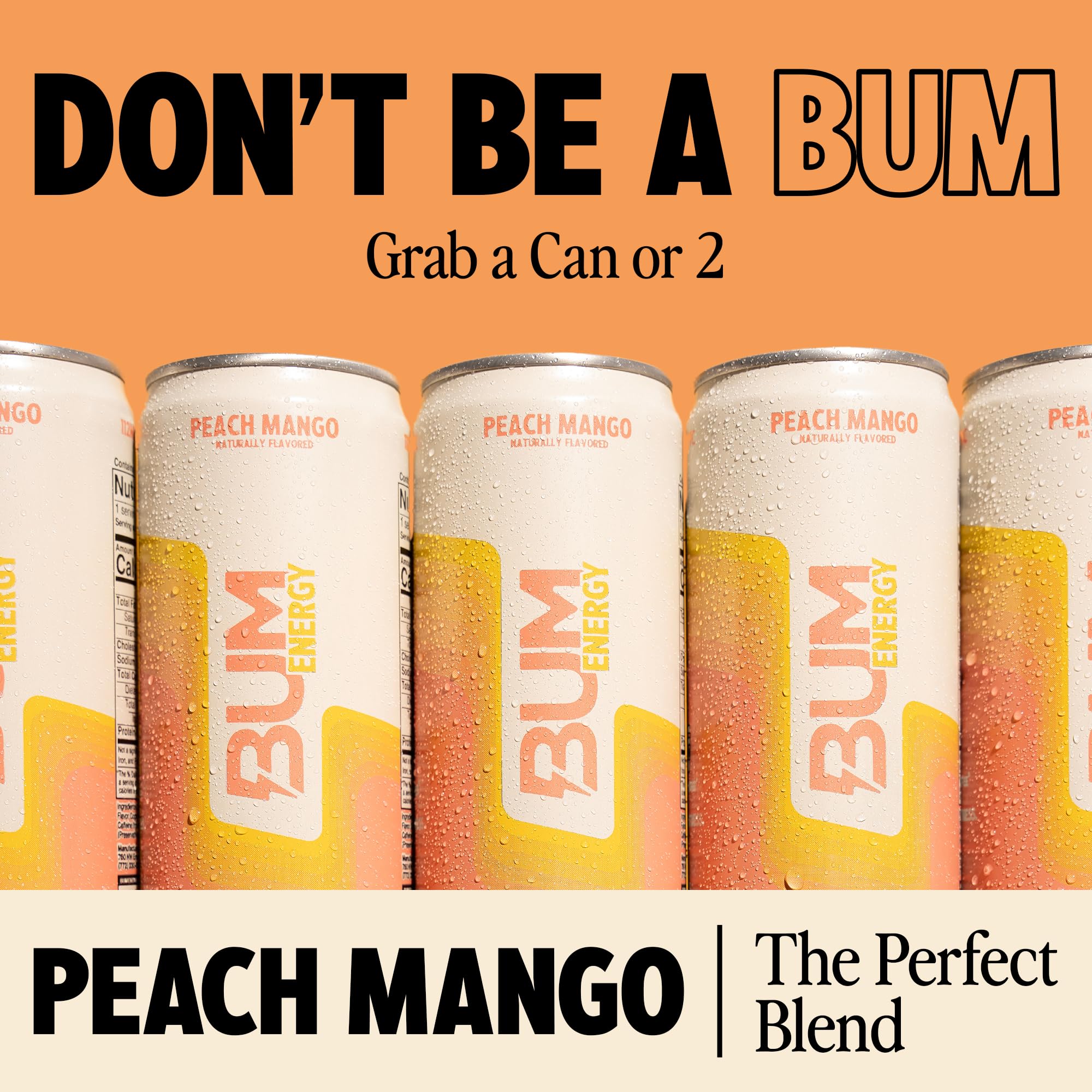 BUM Energy Sugar-Free Peach Mango 12-pack, ready for daily refreshment