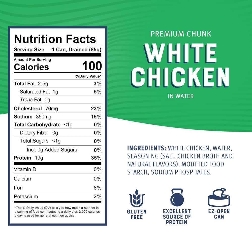 Bumble Bee chicken chunks in an easy-open can, great for salads and sandwiches.