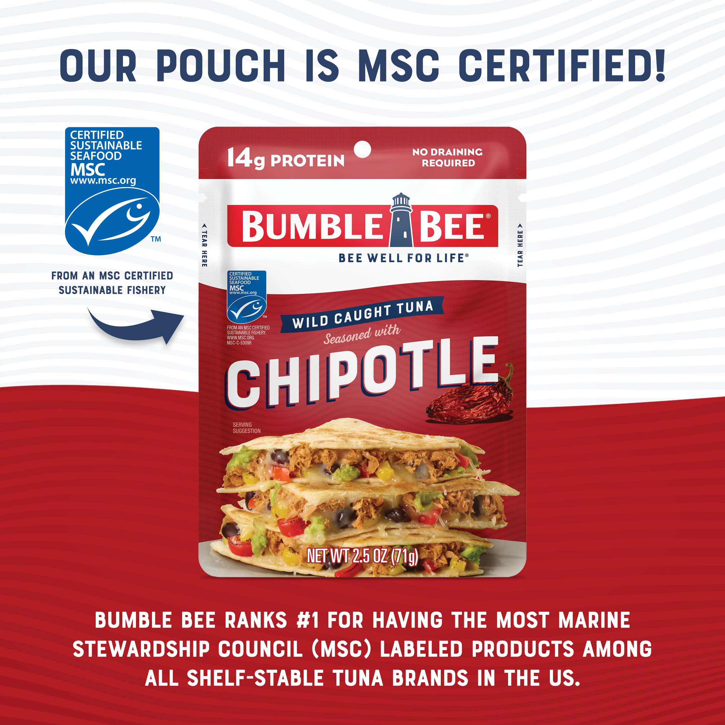 Bumble Bee tuna pouch highlighting sustainable wild-caught sourcing and 14g protein.