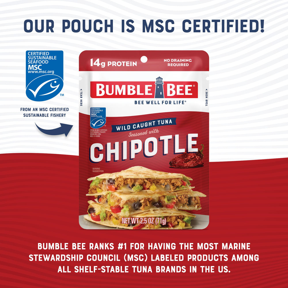 Bumble Bee tuna pouch highlighting sustainable wild-caught sourcing and 14g protein.