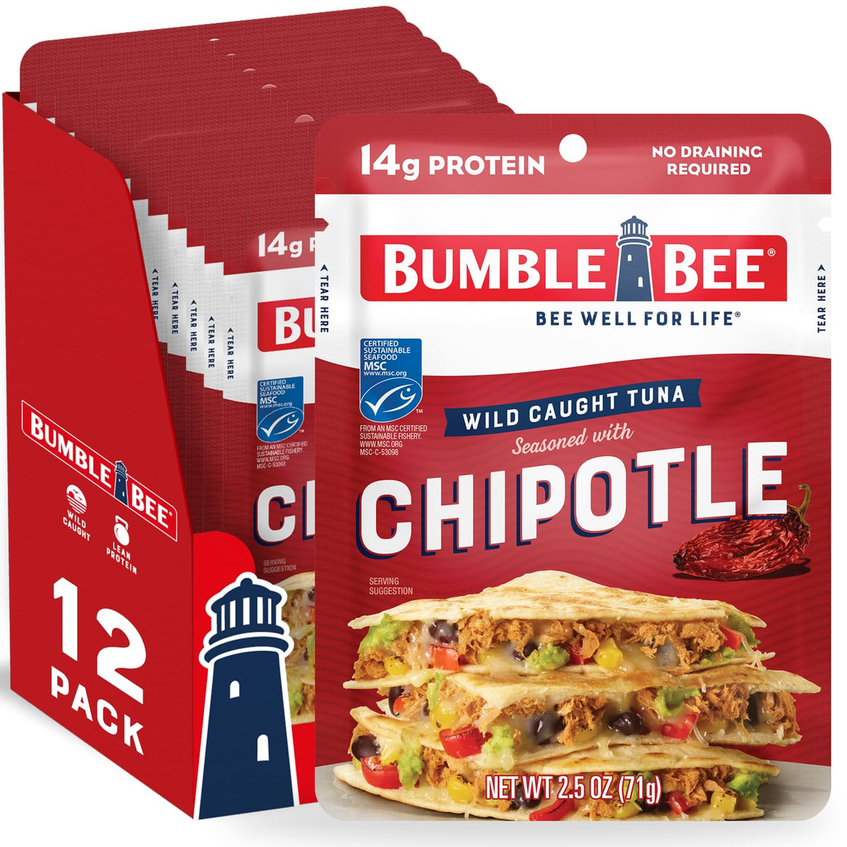 Bumble Bee chipotle-seasoned tuna pouch opens for quick protein snack.