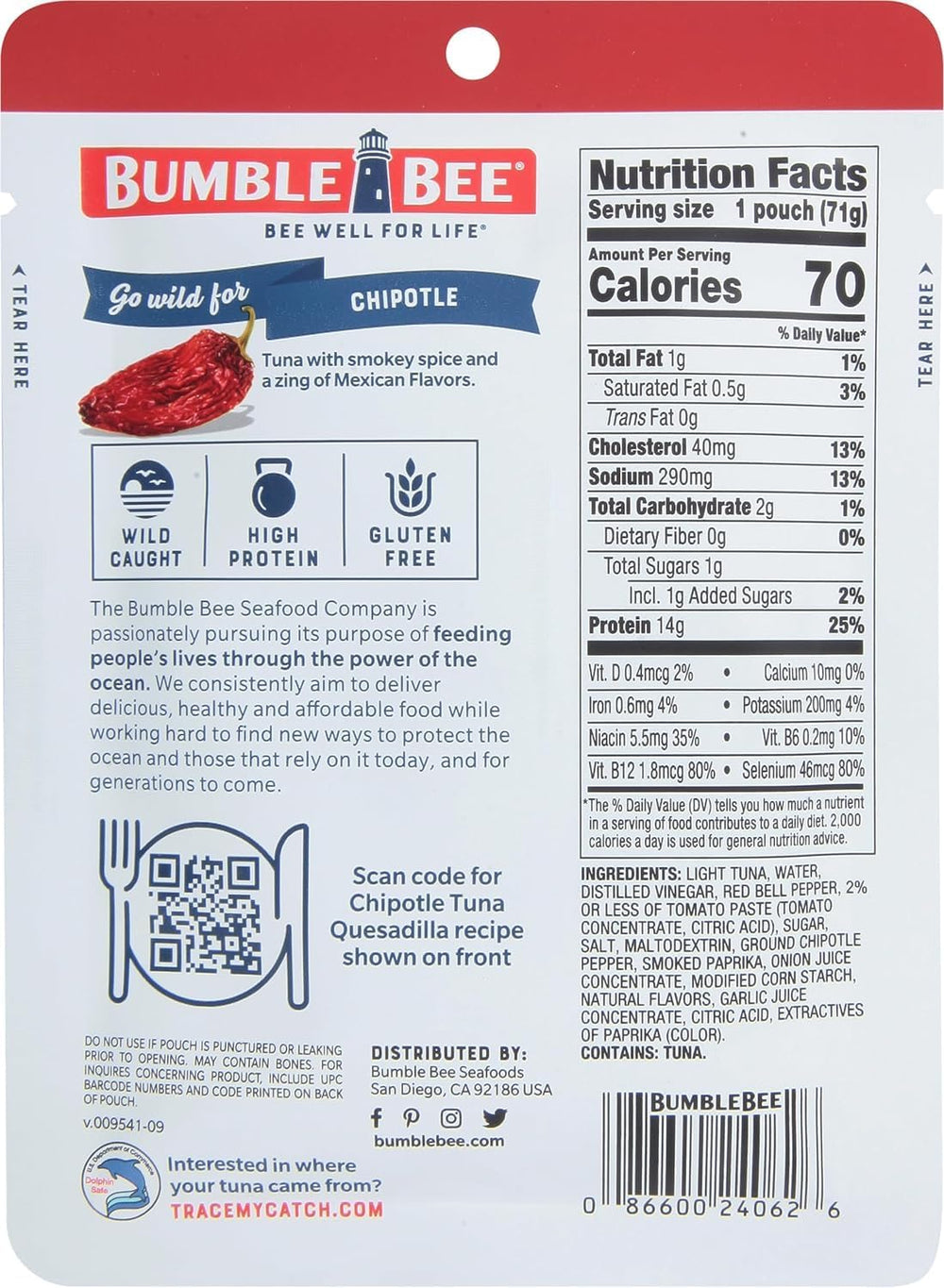 Bumble Bee chipotle-seasoned tuna ready-to-eat pouch ideal for on-the-go meals.