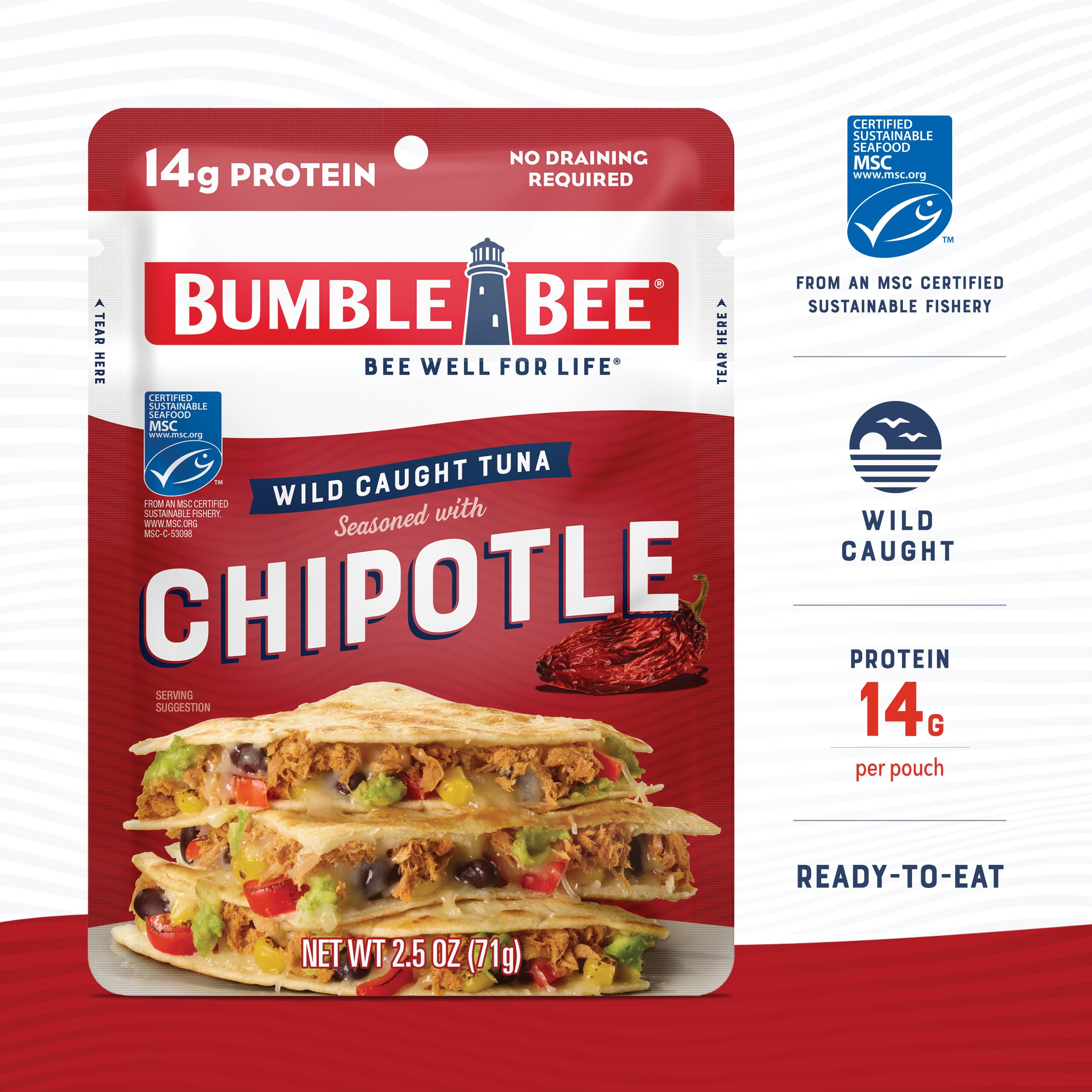 Bumble Bee tuna wrap idea with chipotle-seasoned pouch for easy lunch.