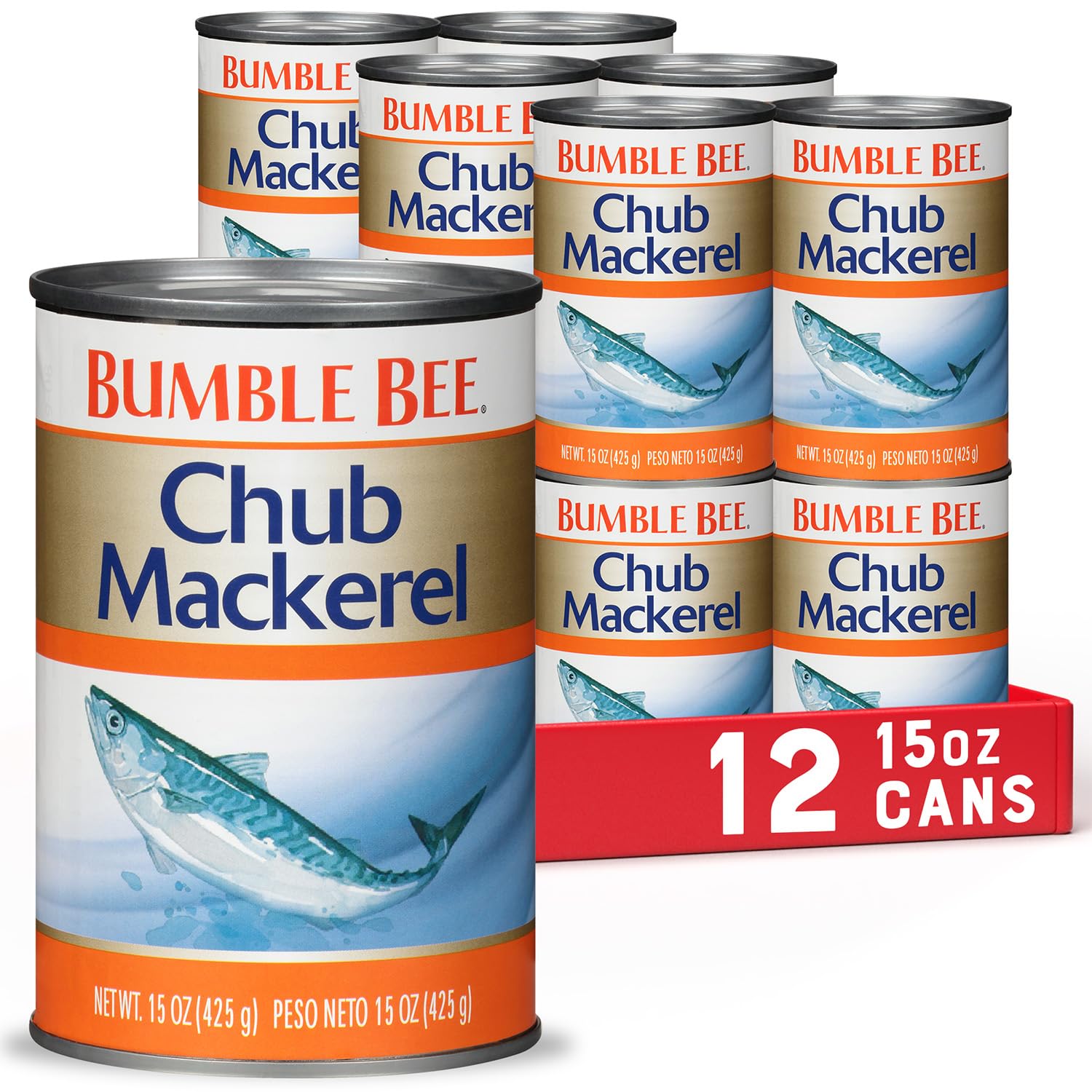Bumble Bee Chub Mackerel 15oz can pack on pantry shelf, ideal protein option.