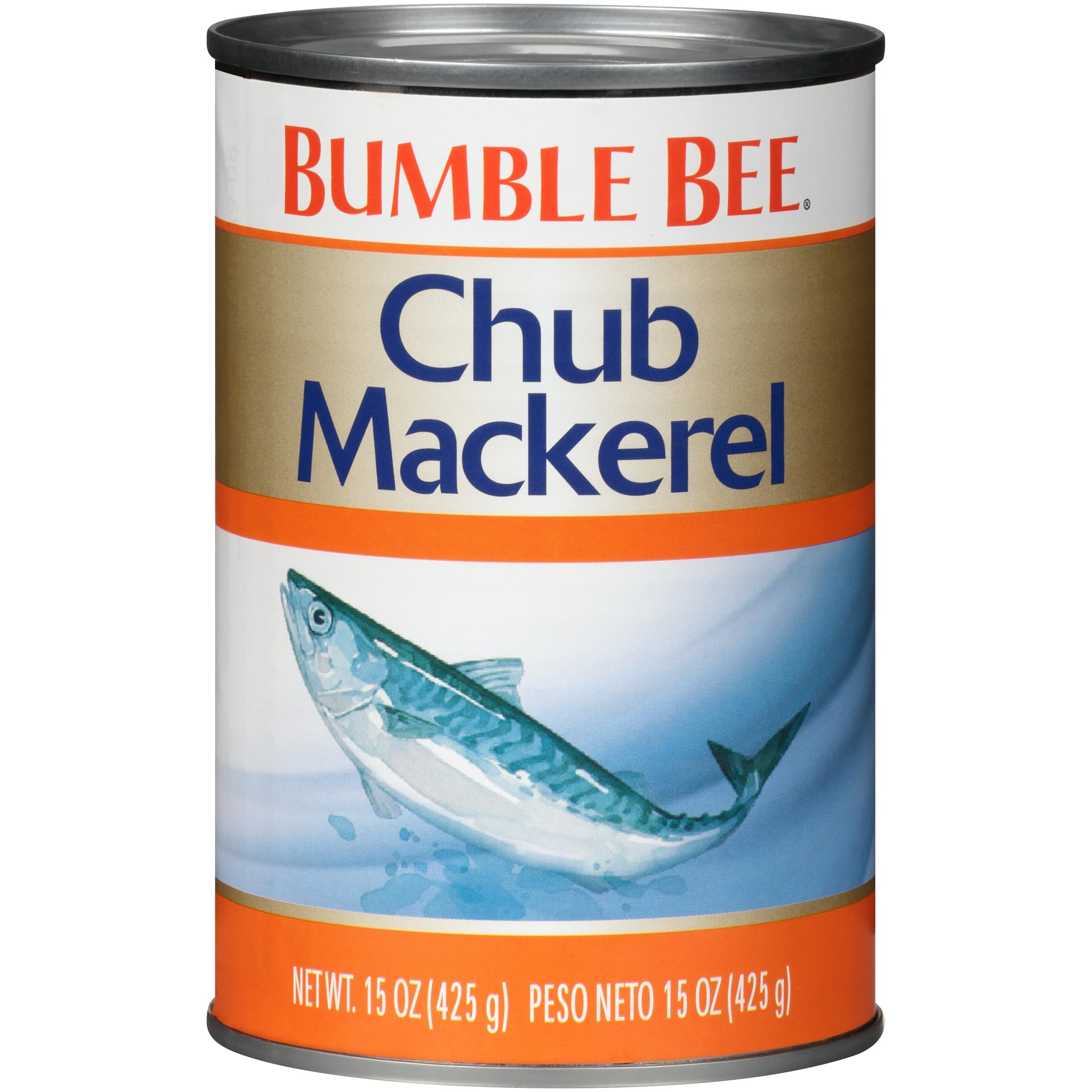 Bumble Bee Chub Mackerel in water can closeup, highlighting whole fish and protein.