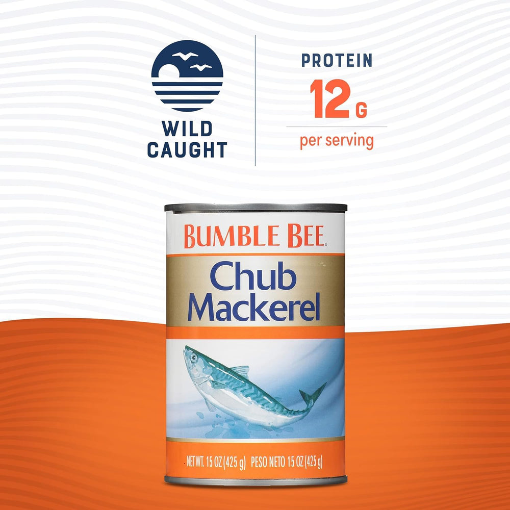 Bumble Bee Chub Mackerel nutrition label highlights protein and calcium.