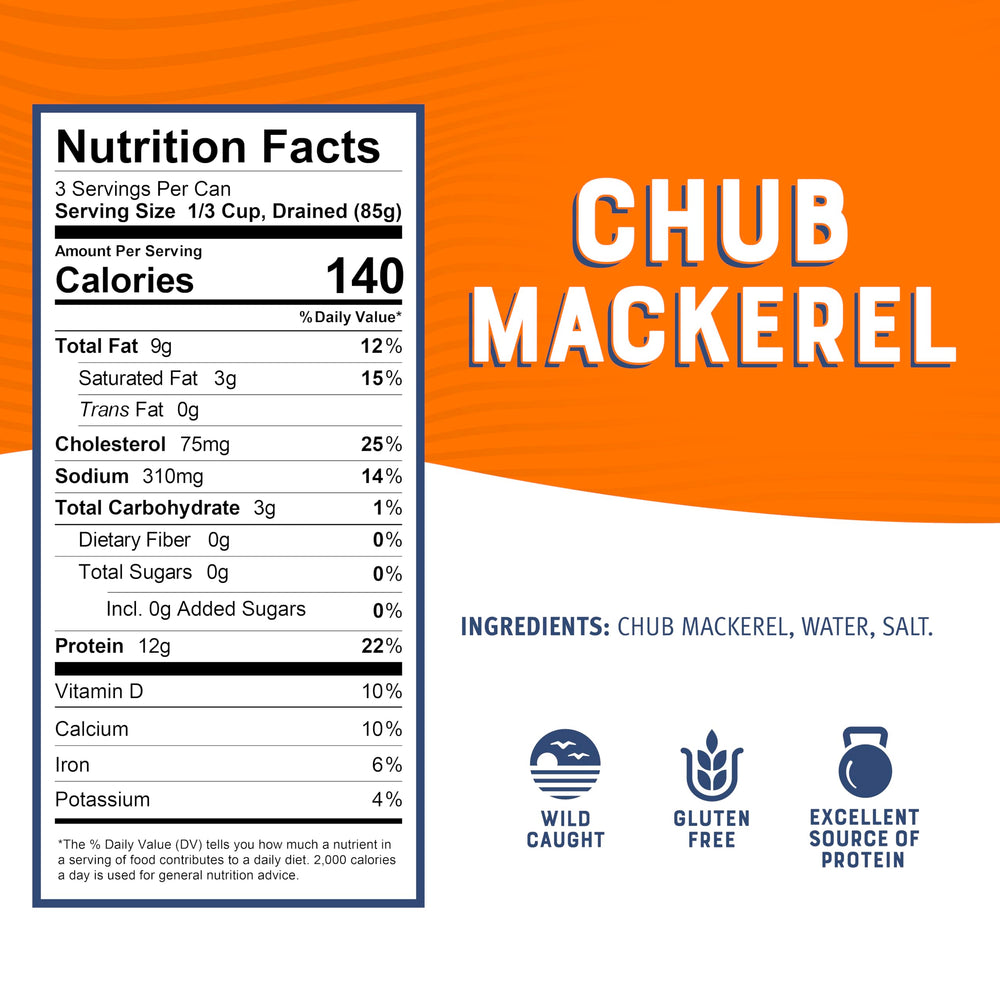 Bumble Bee Chub Mackerel two to five whole fish per can, protein-packed.
