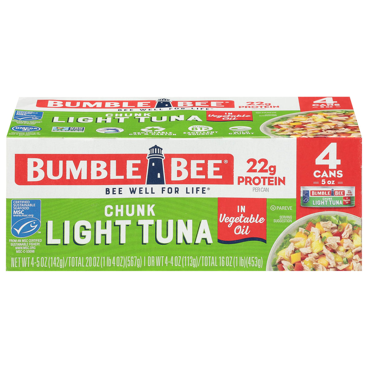 Bumble Bee chunk light tuna in oil 5oz can showcases bold flavor and protein.