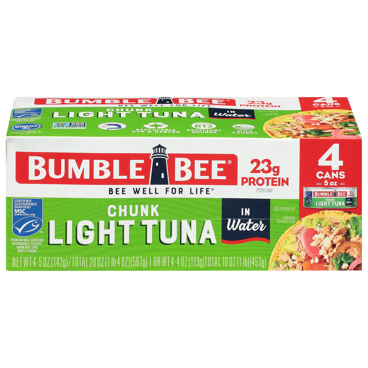 Bumble Bee chunk light tuna in water can on a shelf, lean protein for meals.