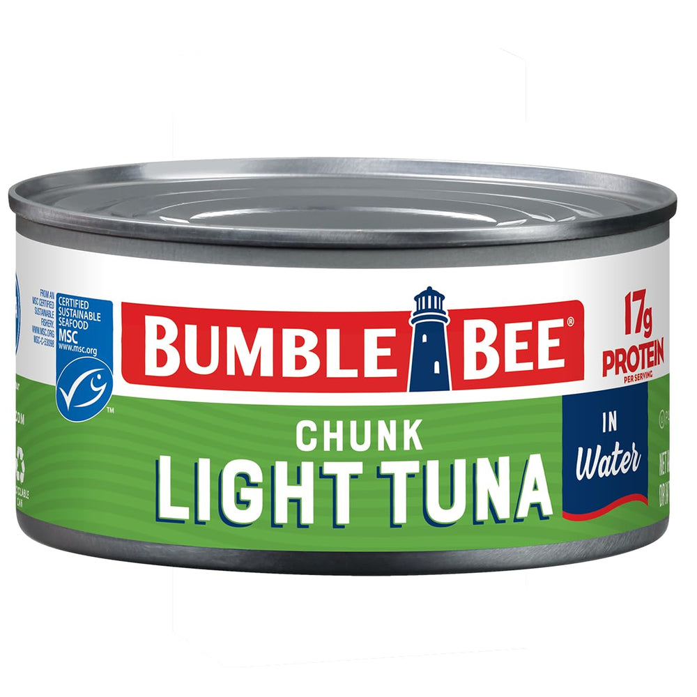 Bumble Bee Chunk Light Tuna in Water can close-up showing flaky texture and lean protein.