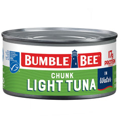 Bumble Bee Chunk Light Tuna in Water can close-up showing flaky texture and lean protein.