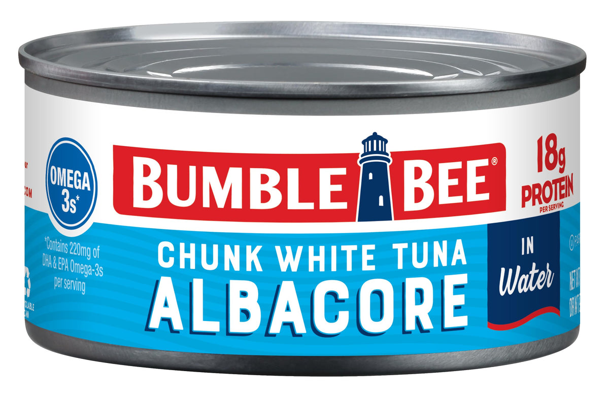 Bumble Bee chunk white albacore tuna in water, open can for quick meals.