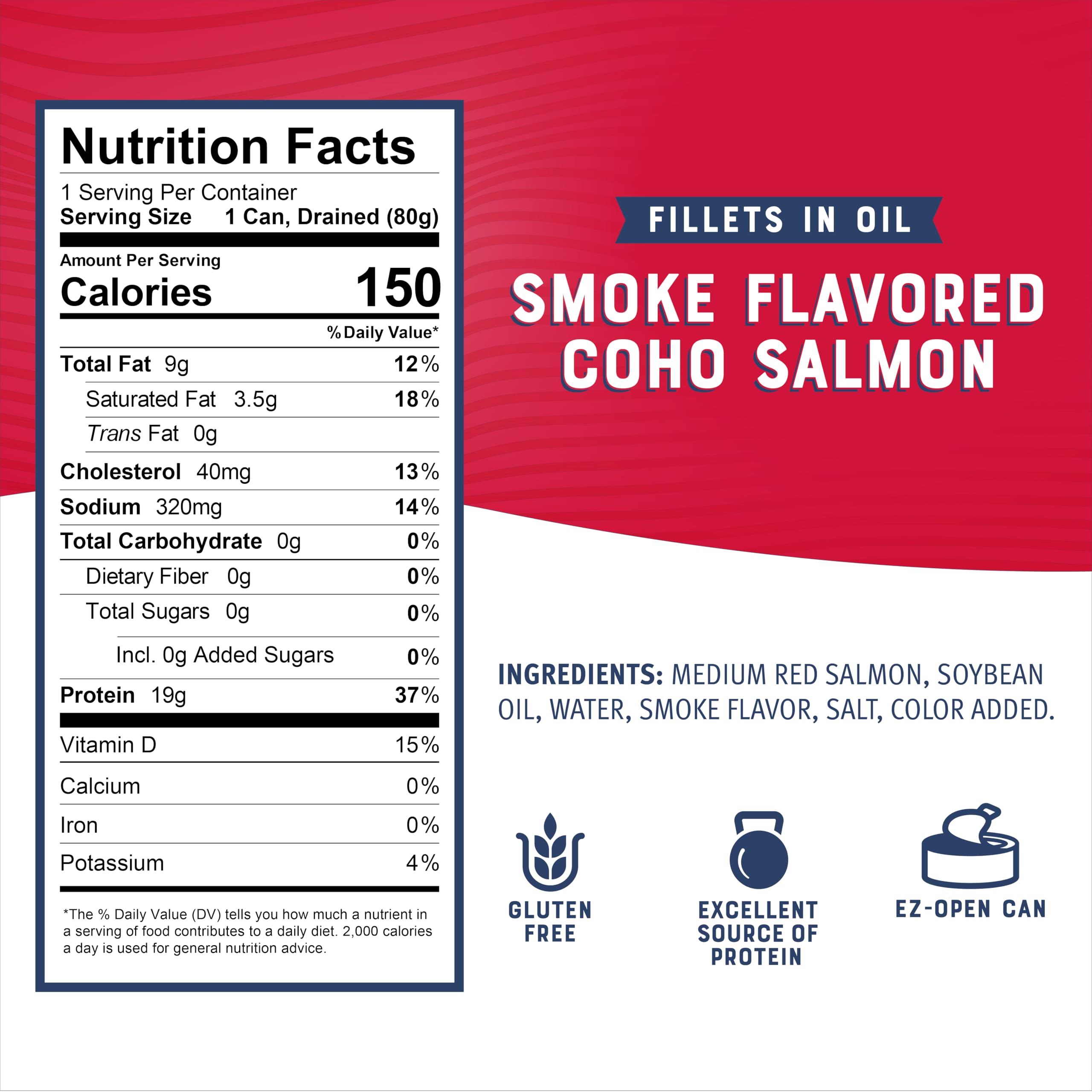 Bumble Bee coho salmon fillets in oil closeup, smoky flavor for quick meals.