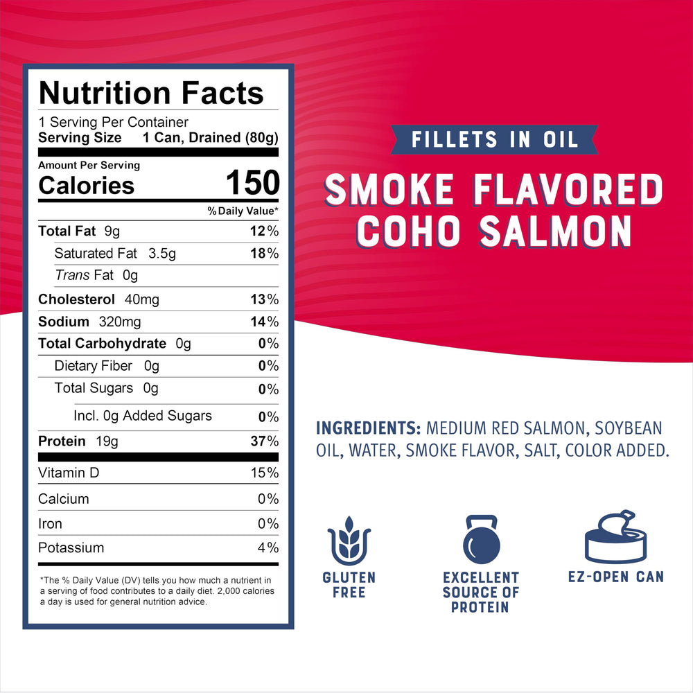 Bumble Bee coho salmon fillets in oil closeup, smoky flavor for quick meals.