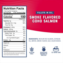 Bumble Bee coho salmon fillets in oil closeup, smoky flavor for quick meals.