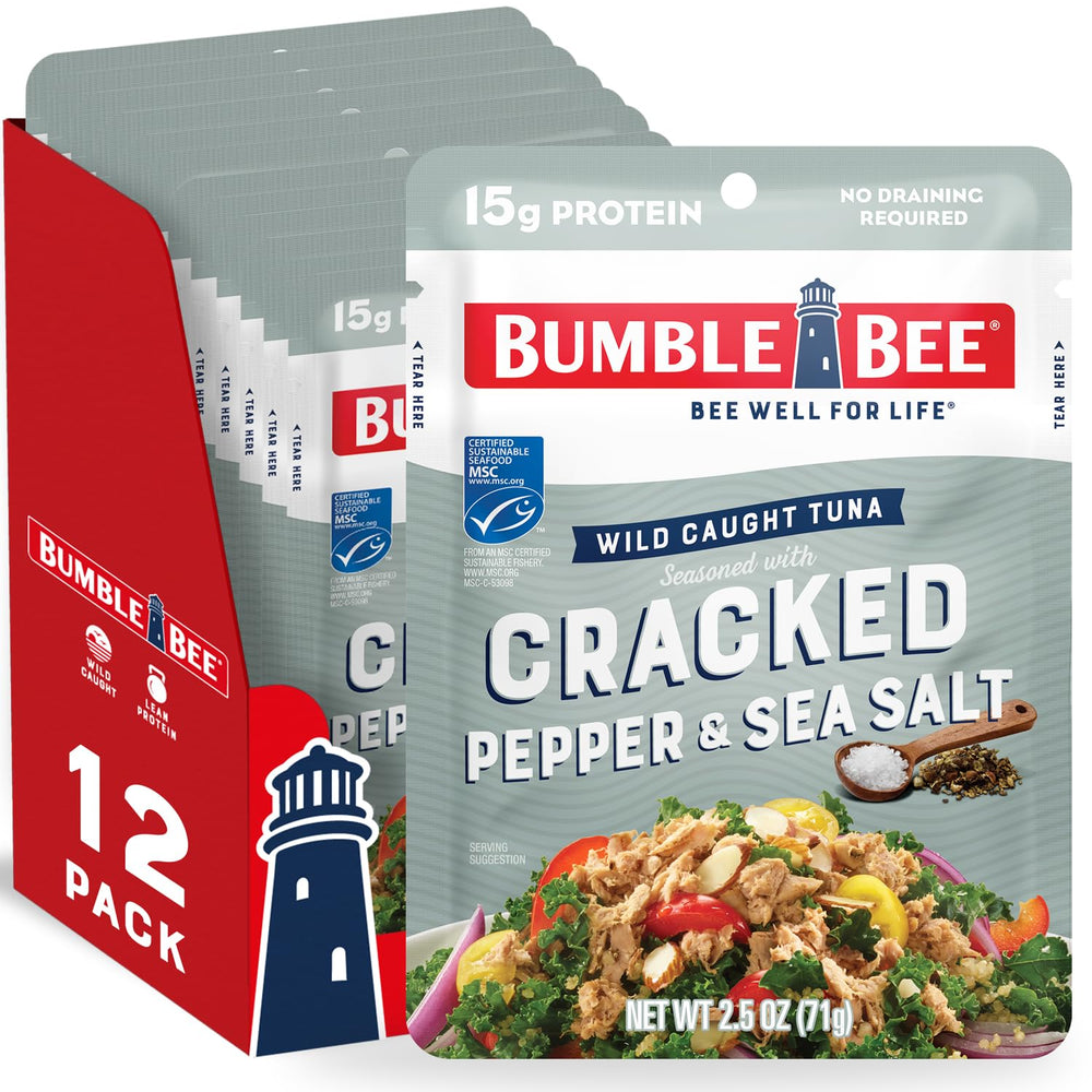 Bumble Bee cracked pepper sea salt tuna pouch for a quick protein snack.