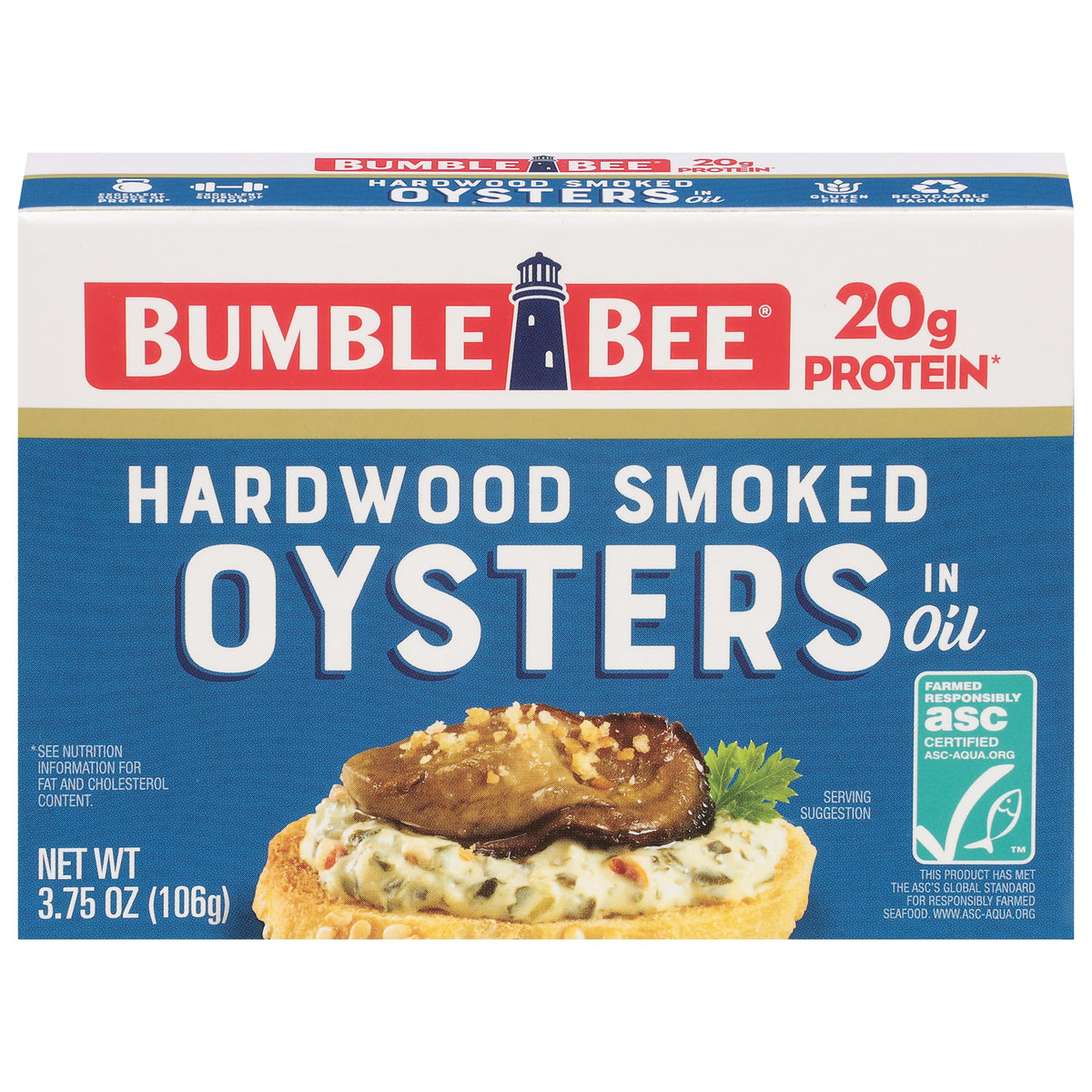 Bumble Bee hardwood smoked oysters can, ready-to-eat protein-packed snack.