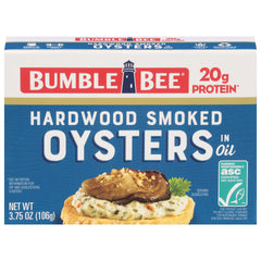 Bumble Bee hardwood smoked oysters can, ready-to-eat protein-packed snack.