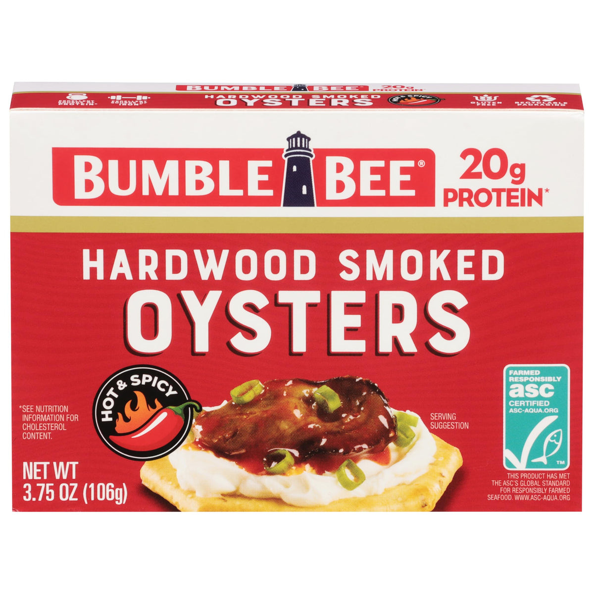 Bumble Bee Hot Spicy Smoked Oysters tin front, ready-to-serve protein.