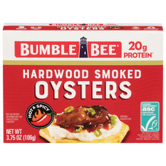 Bumble Bee Hot Spicy Smoked Oysters tin front, ready-to-serve protein.