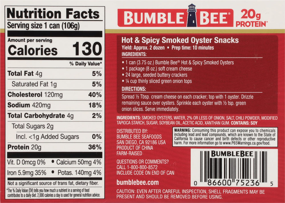 Bumble Bee Hot Spicy Smoked Oysters tin label, keto-friendly claim.