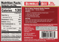 Bumble Bee Hot Spicy Smoked Oysters tin label, keto-friendly claim.