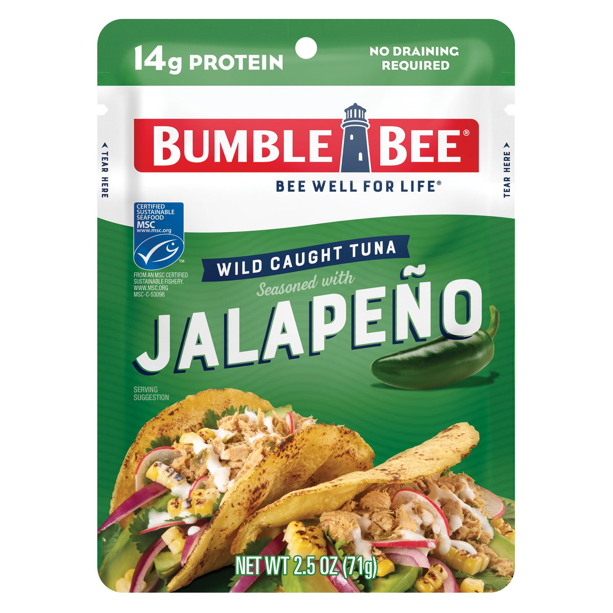 Bumble Bee Jalapeno Seasoned Tuna Pouch ready to eat for a quick snack.