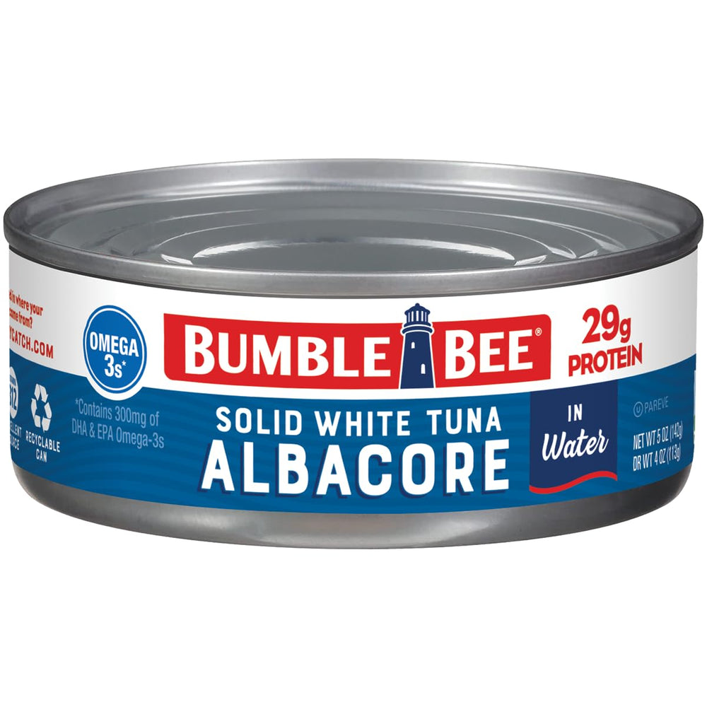 Bumble Bee solid white albacore tuna label closeup showing trusted branding and quality.