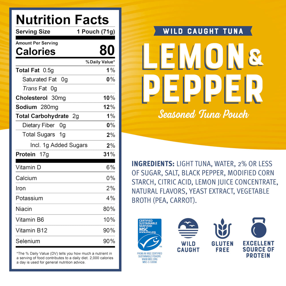 Bumble Bee Lemon Pepper Tuna pouch closeup highlights zesty flavor.