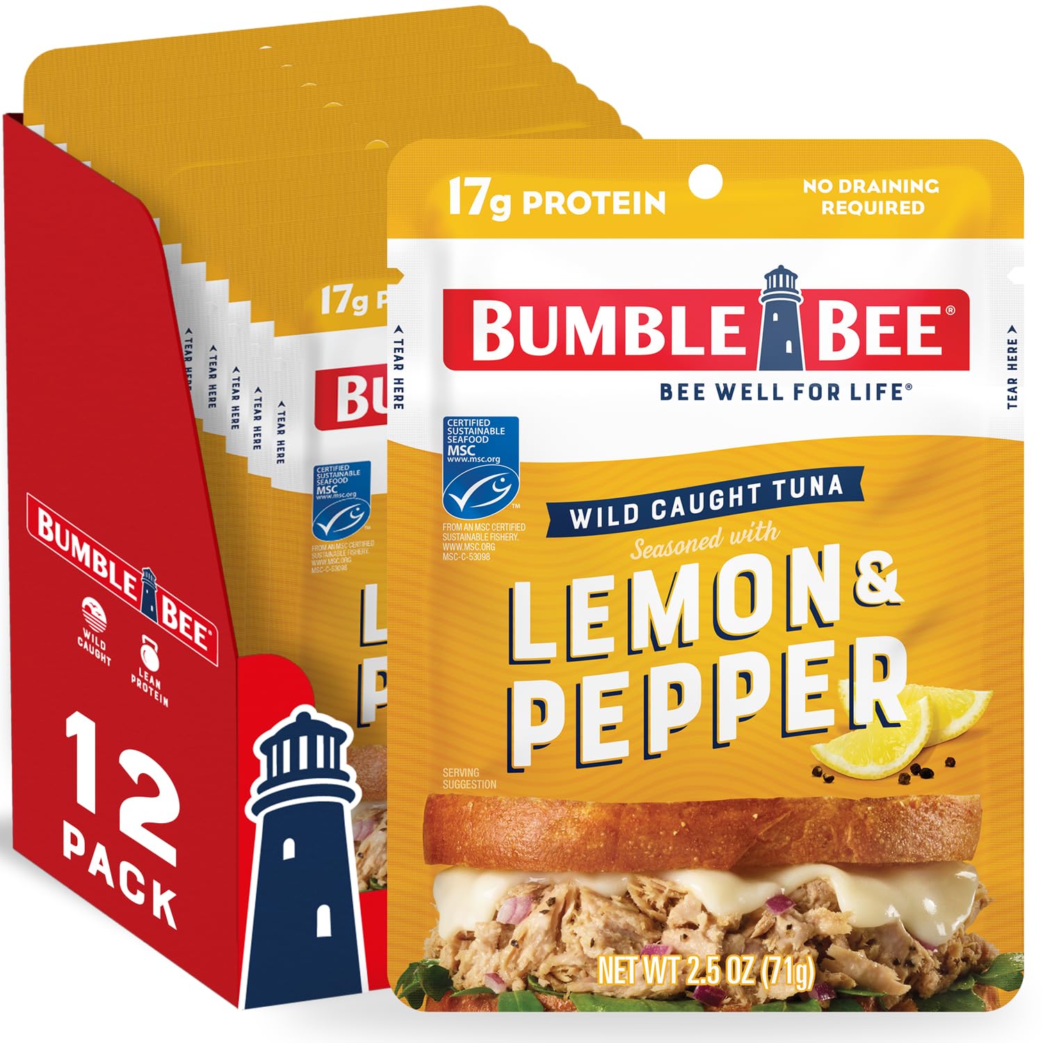 Bumble Bee Lemon Pepper Tuna pouch front showcases ready-to-eat protein.