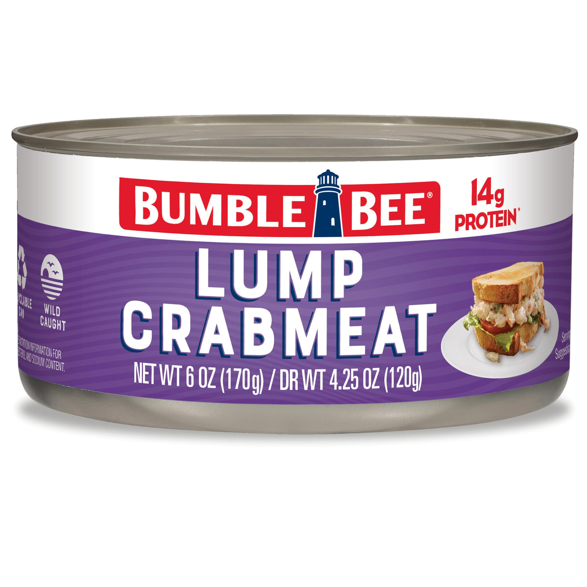 Bumble Bee Lump Crab Meat closeup showing tender body meat for quick protein-packed lunches.
