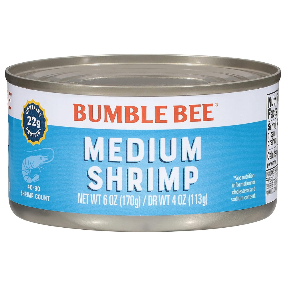 Bumble Bee Medium Shrimp can front view, pantry-friendly protein option