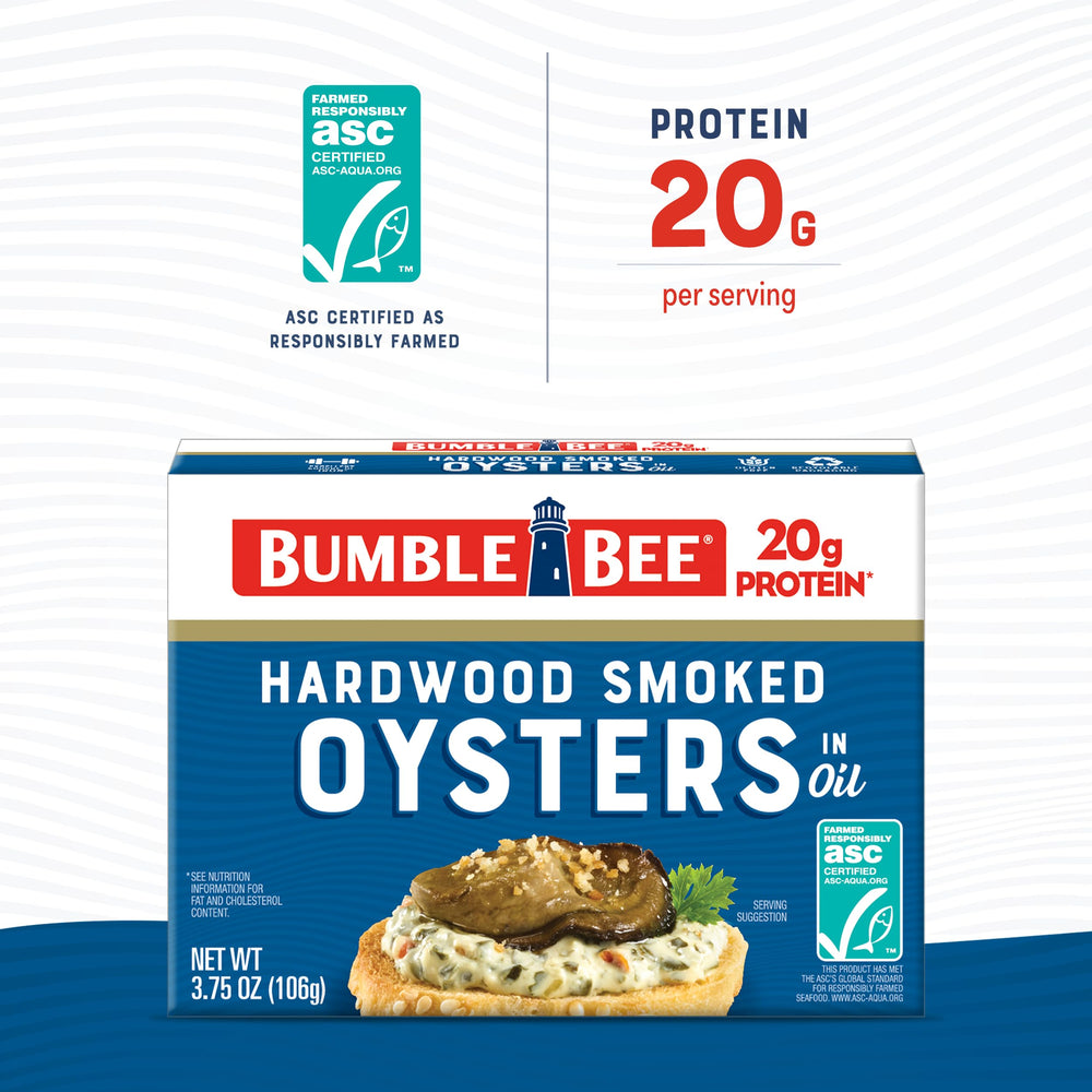 Bumble Bee oysters in opened can, convenient ready-to-eat meal option.