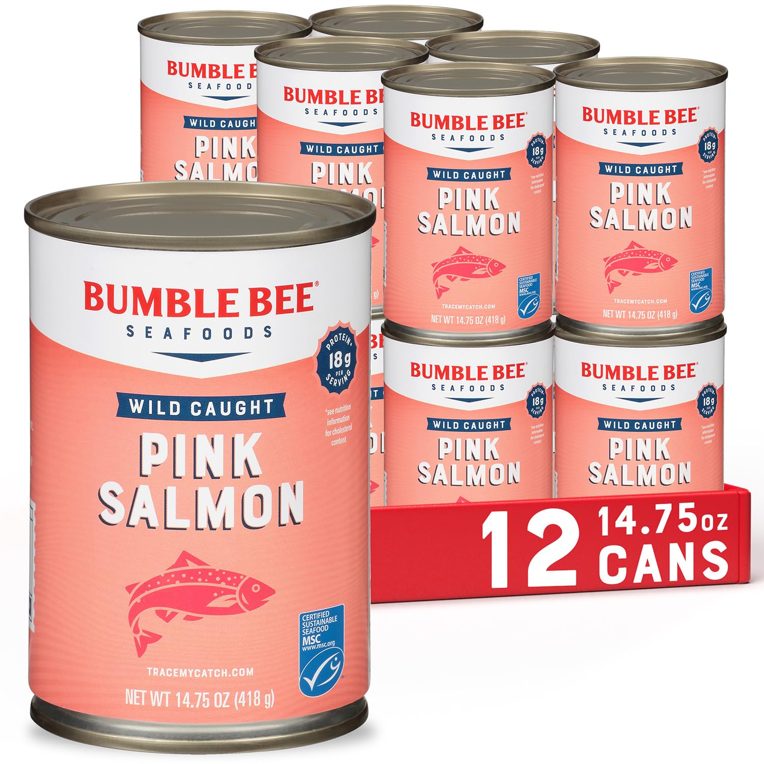 Bumble Bee pink salmon cans in a 12-pack, convenient pantry staple for quick meals