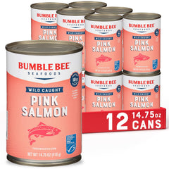 Bumble Bee pink salmon cans in a 12-pack, convenient pantry staple for quick meals