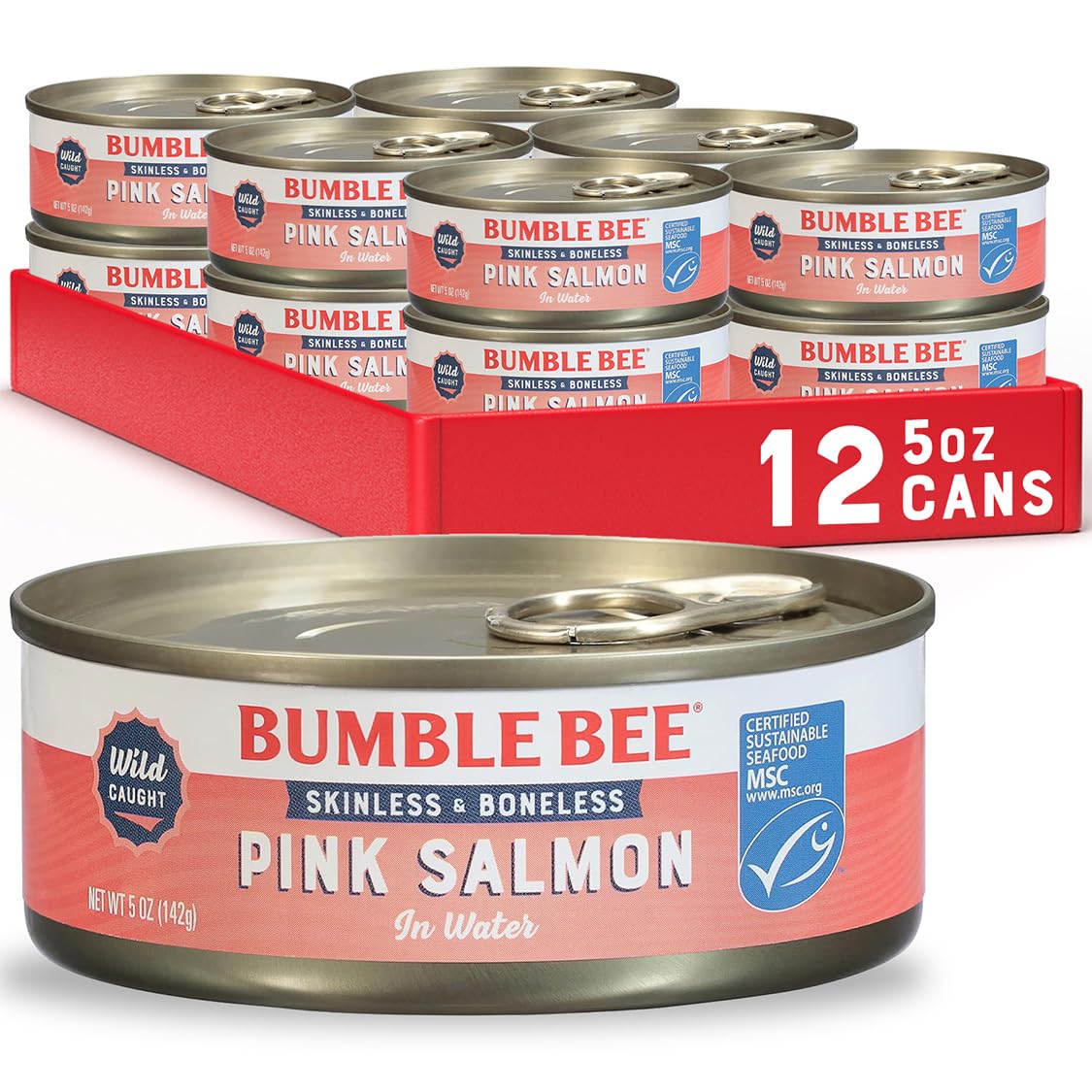 Bumble Bee pink salmon in water, 5 oz can, 12-pack, ready for sandwiches.