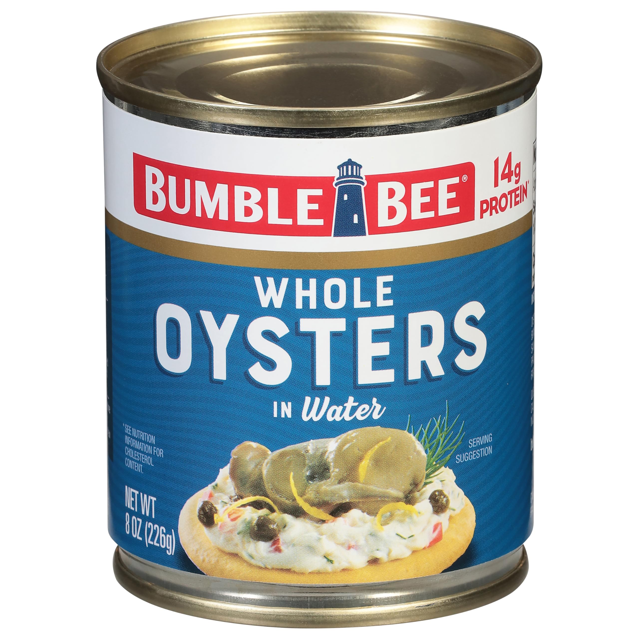 Bumble Bee Premium Select Whole Oysters in an 8 oz can, ready for a protein-packed snack.