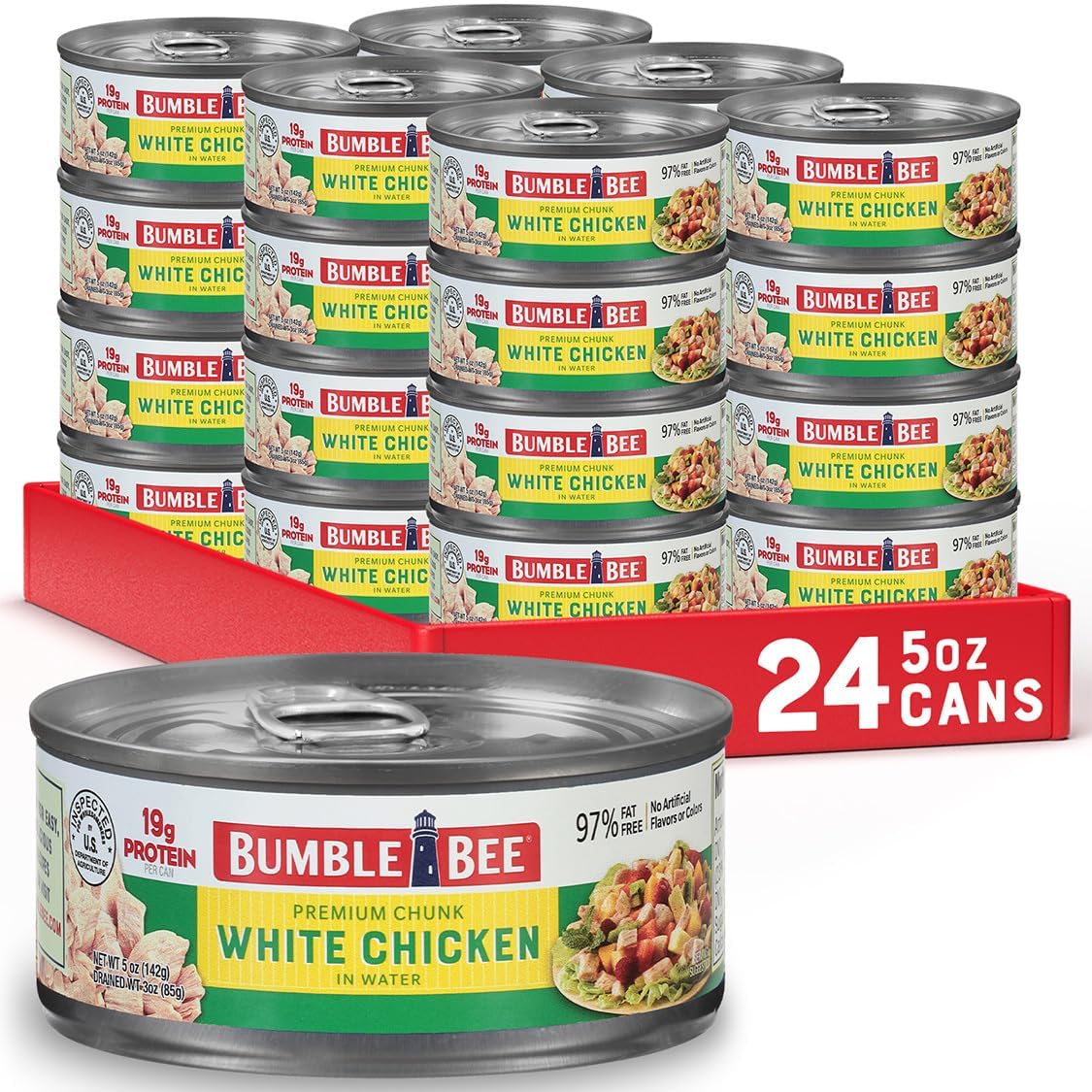 Bumble Bee premium white chicken chunks in water offer quick, protein-rich meals.