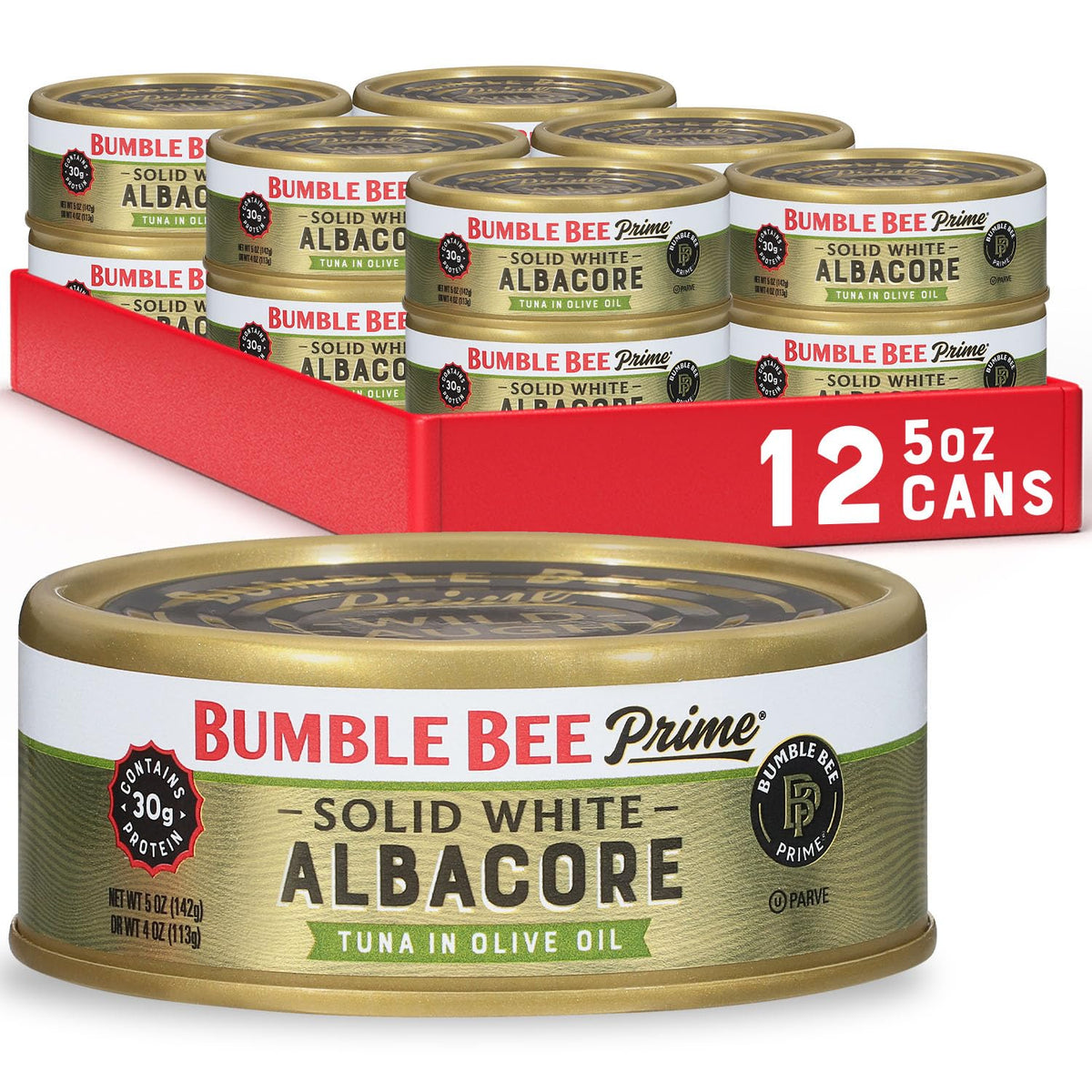 Bumble Bee Prime solid white albacore tuna in olive oil can for protein-rich meals.