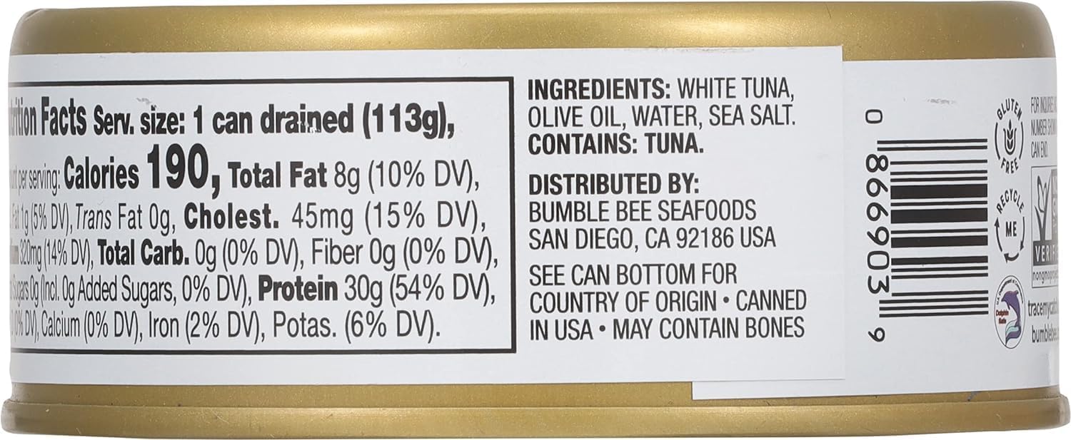Opened Bumble Bee Prime tuna can with olive oil and tuna ready to scoop