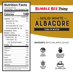 Bumble Bee Prime tuna in water can close-up showing label and protein