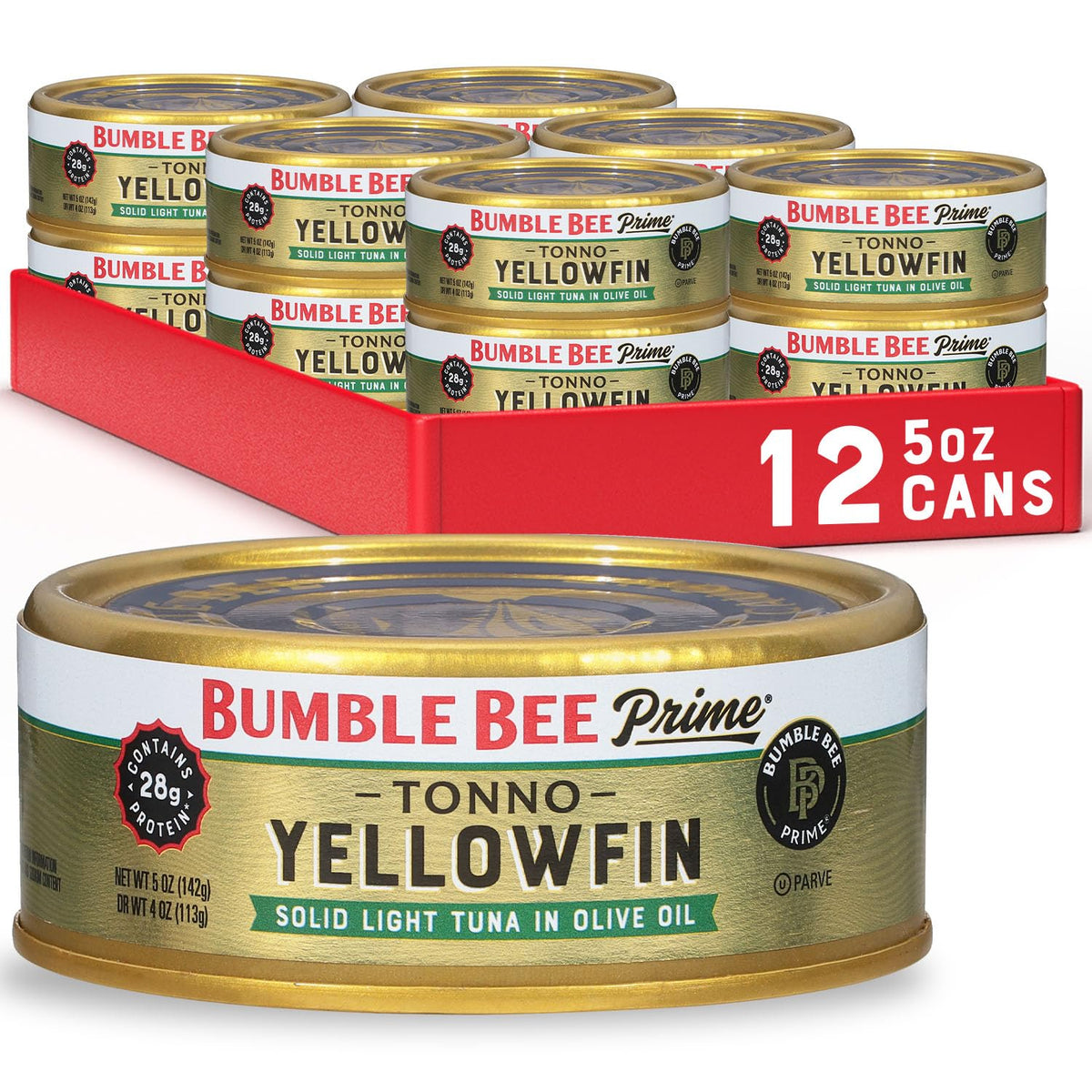 Bumble Bee Prime Tonno in olive oil can seen up close, premium tuna for quick meals.