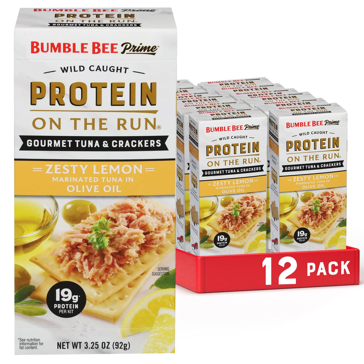 Bumble Bee Prime Tuna can in olive oil and lemon for a protein-rich snack.