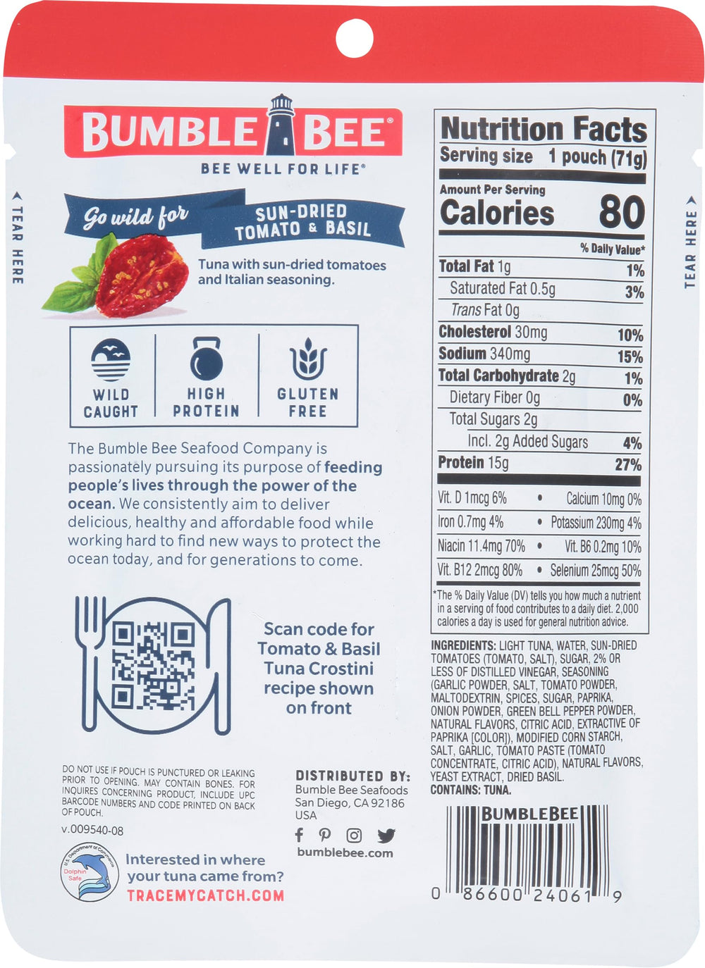 Bumble Bee ready-to-eat tuna snack pack featuring sun-dried tomato and basil flavors.