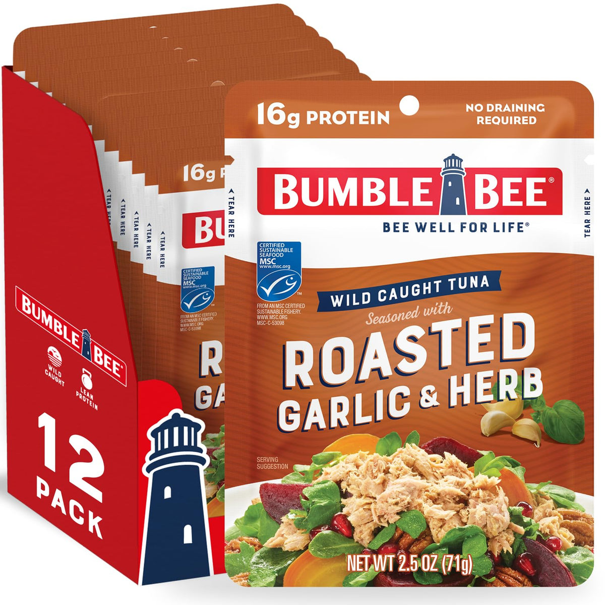 Bumble Bee Roasted Garlic & Herb tuna pouch ready to eat on the go