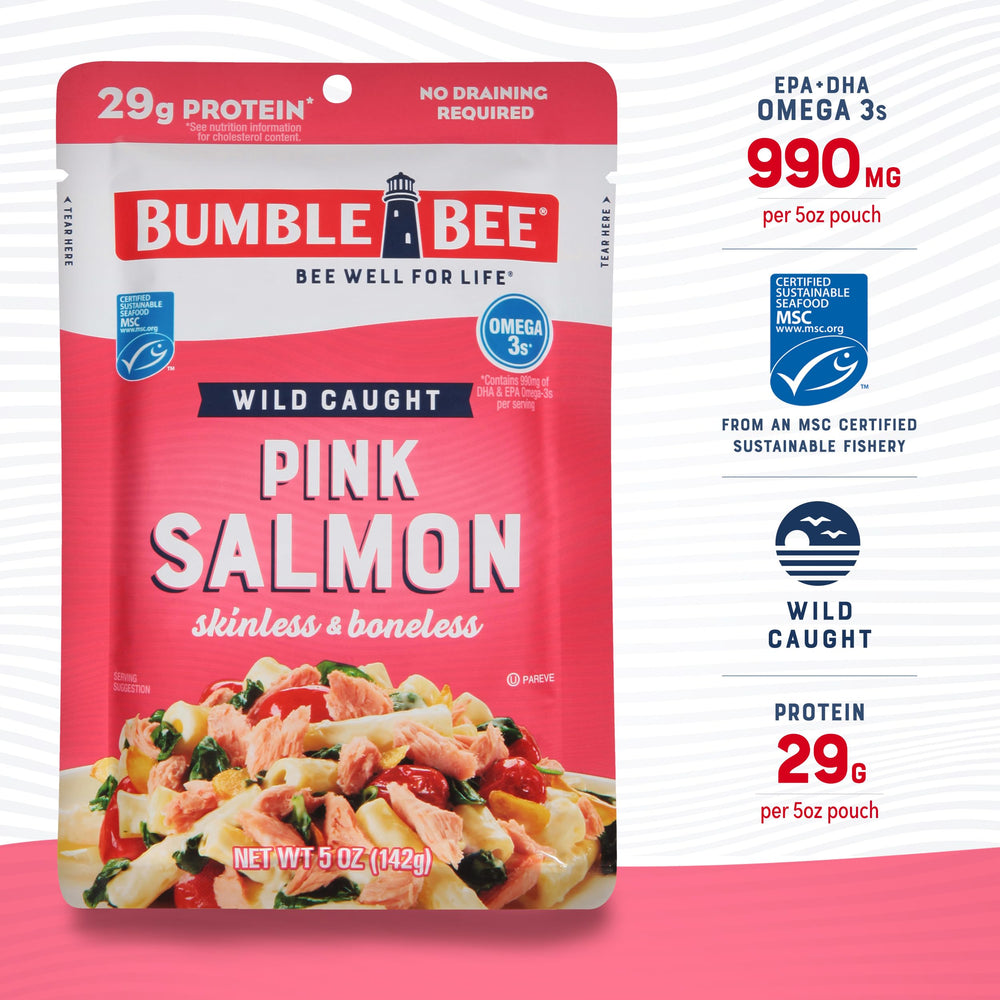 Bumble Bee wild salmon pouch on salad for a protein boost